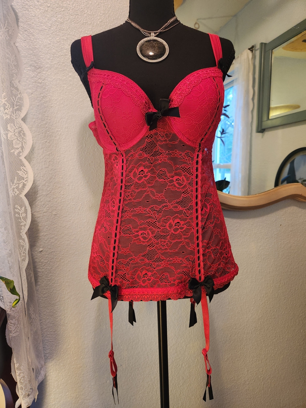 Red Lace Garter Babydoll Chemise - Unbranded